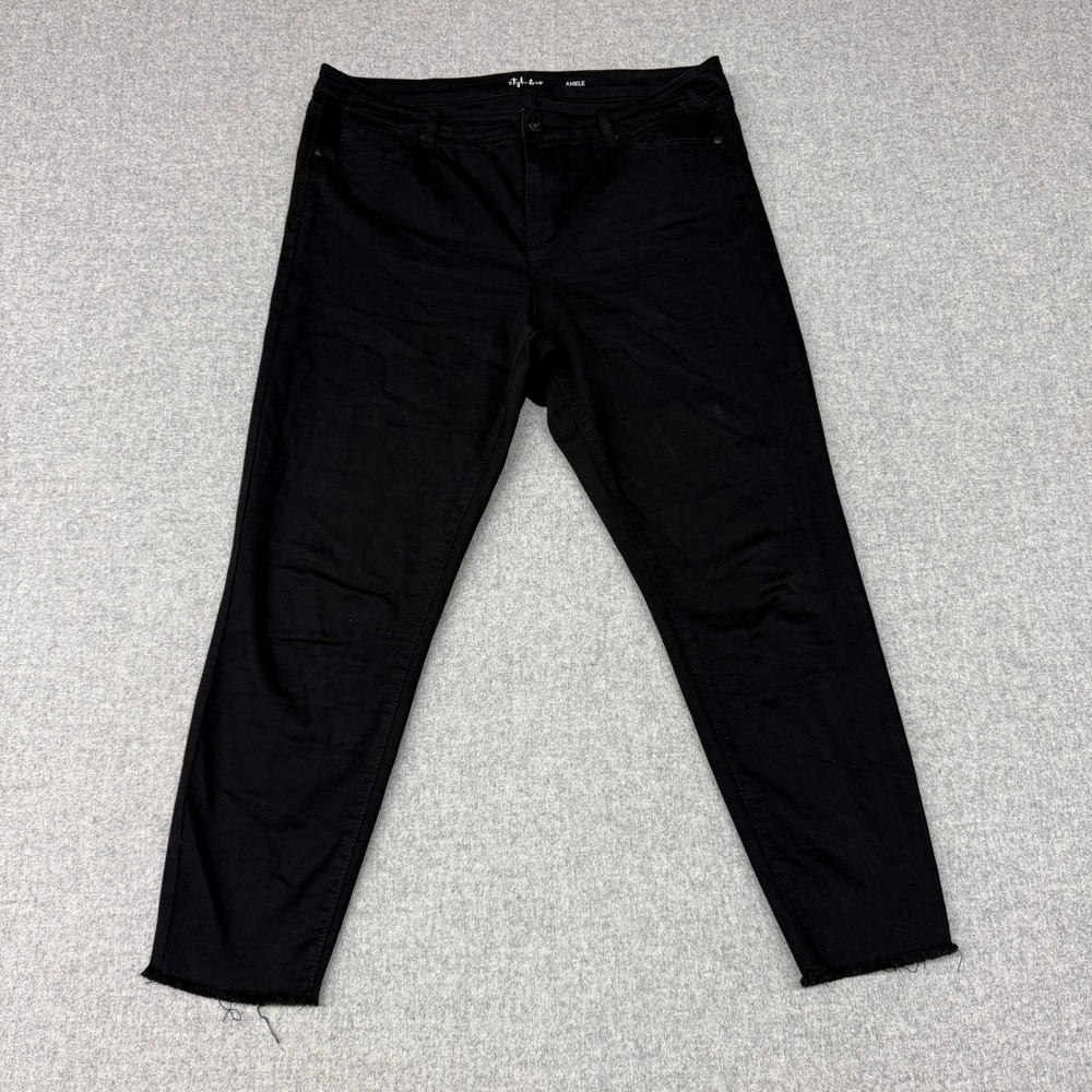 Style & Co Ankle Jeans Size 14 Black Raw Frayed Hem Stretch Denim Mid Rise Pants